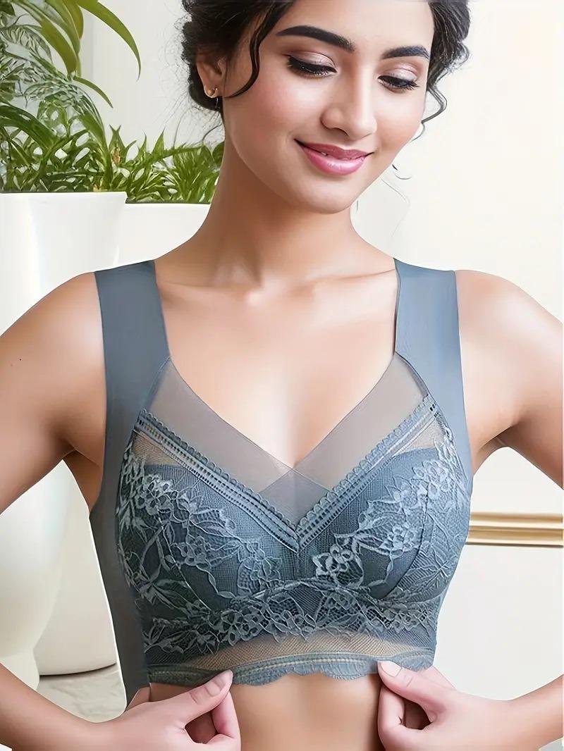6 pics Elegant Lace Push-Up Bras For Women | Comfy Floral Lace Wire free Sports Bra, Breathable Full Coverage Yoga Bra